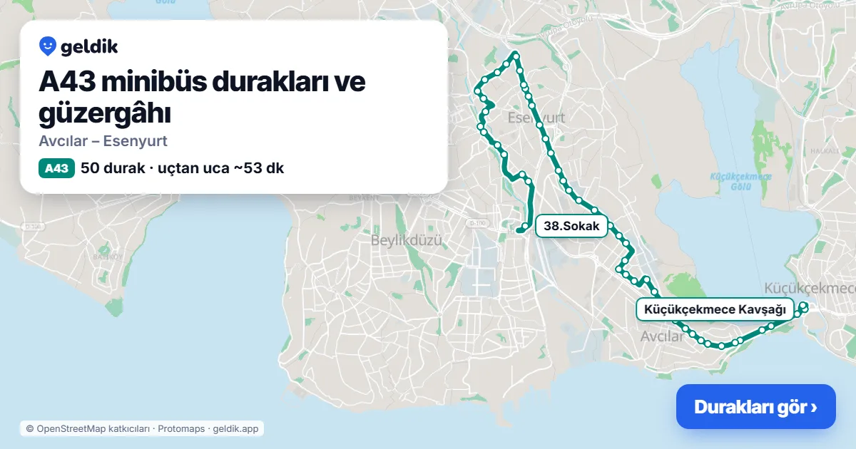 A43 minibüs güzergâhı haritası: 50 durak