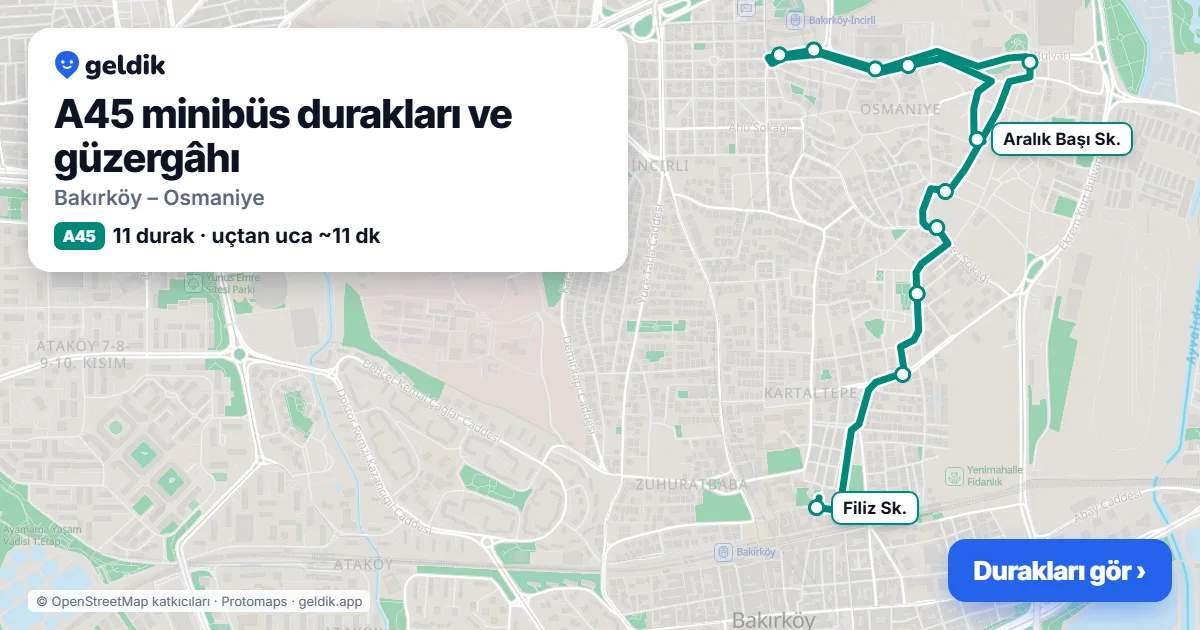A45 minibüs güzergâhı haritası: 11 durak