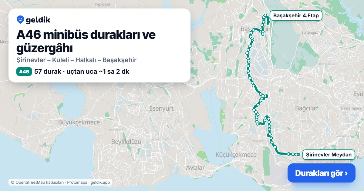 A46 minibüs güzergâhı haritası: 57 durak