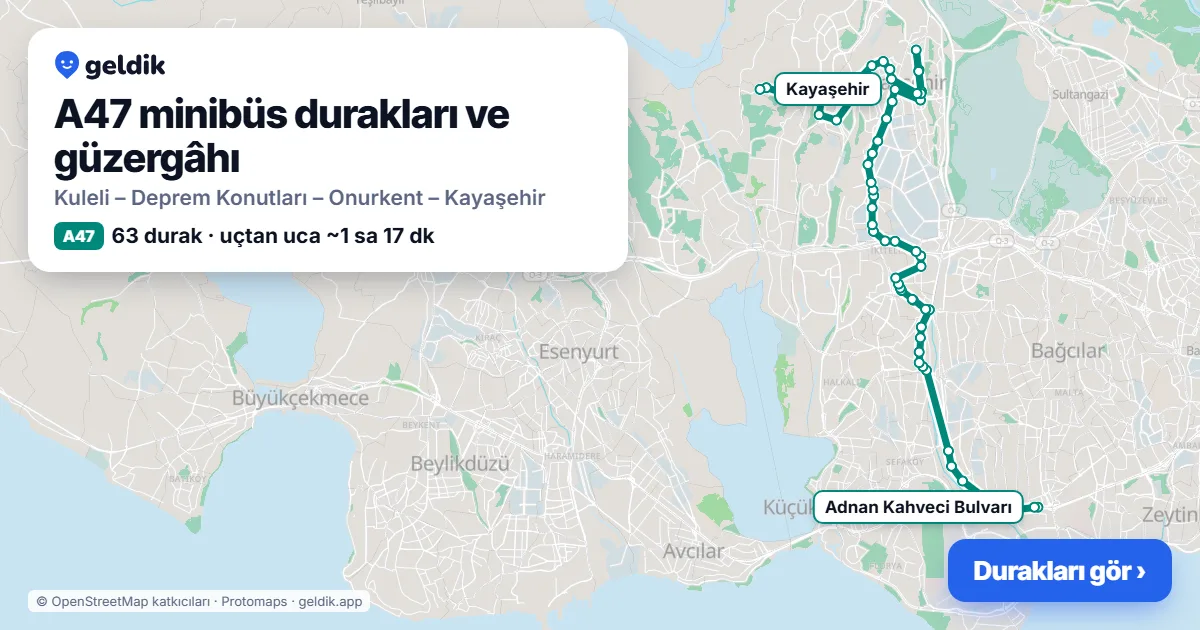 A47 minibüs güzergâhı haritası: 63 durak