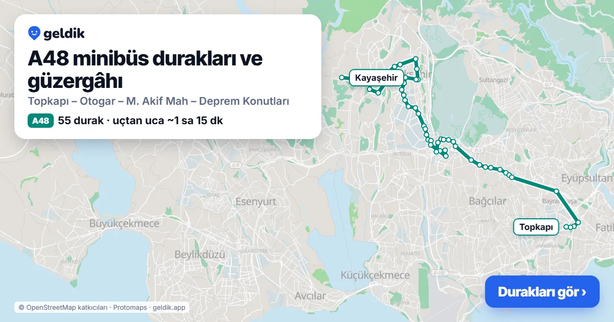 A48 minibüs güzergâhı haritası: 55 durak