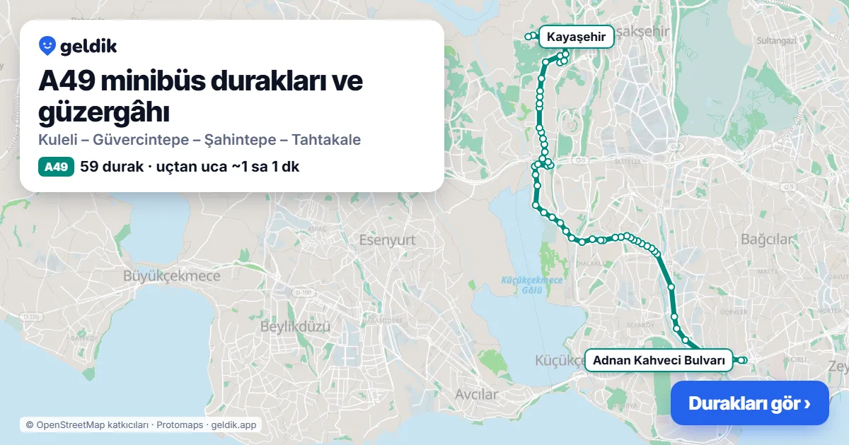 A49 minibüs güzergâhı haritası: 59 durak