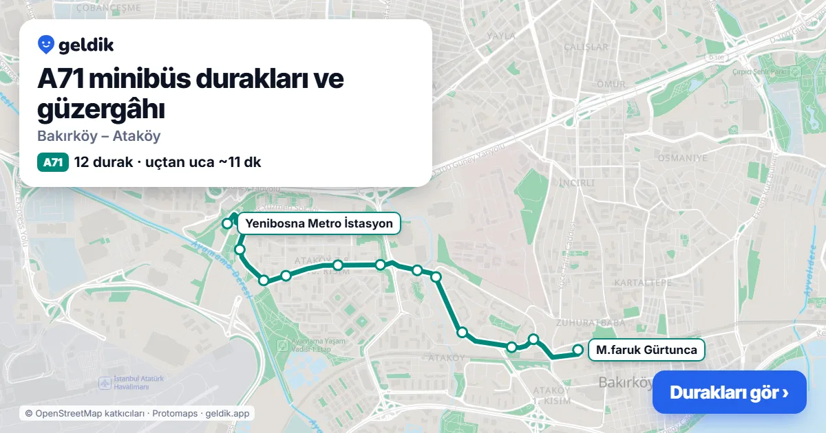 A71 minibüs güzergâhı haritası: 12 durak