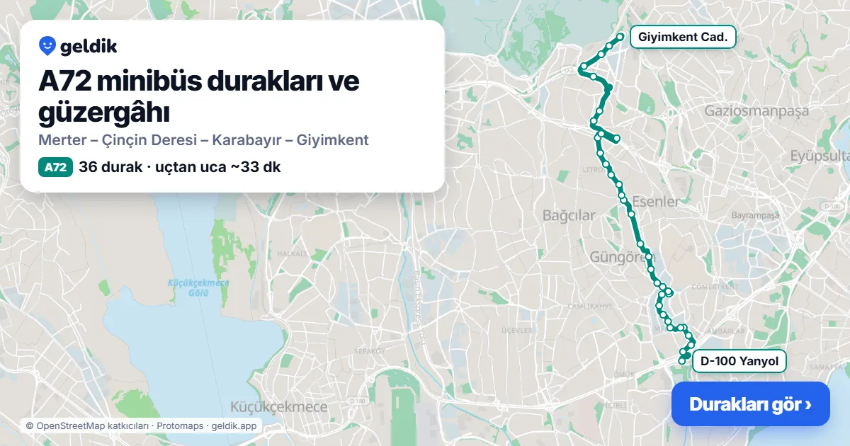 A72 minibüs güzergâhı haritası: 36 durak