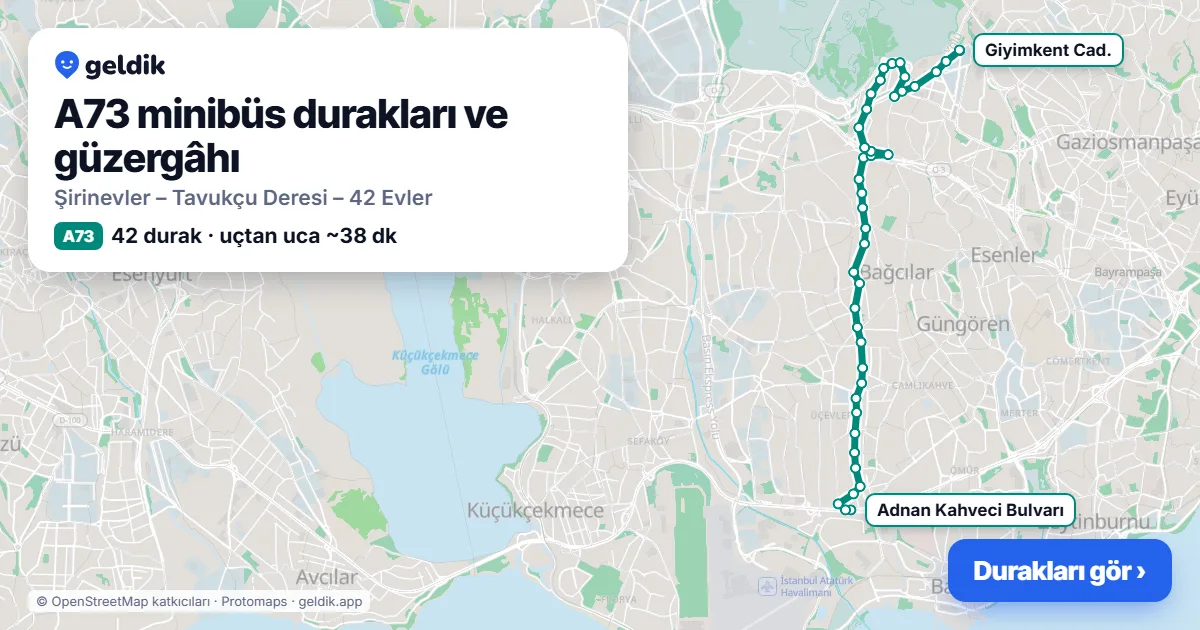 A73 minibüs güzergâhı haritası: 42 durak