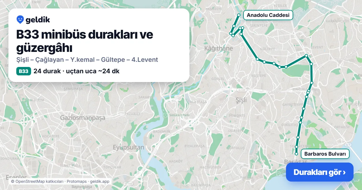 B33 minibüs güzergâhı haritası: 24 durak