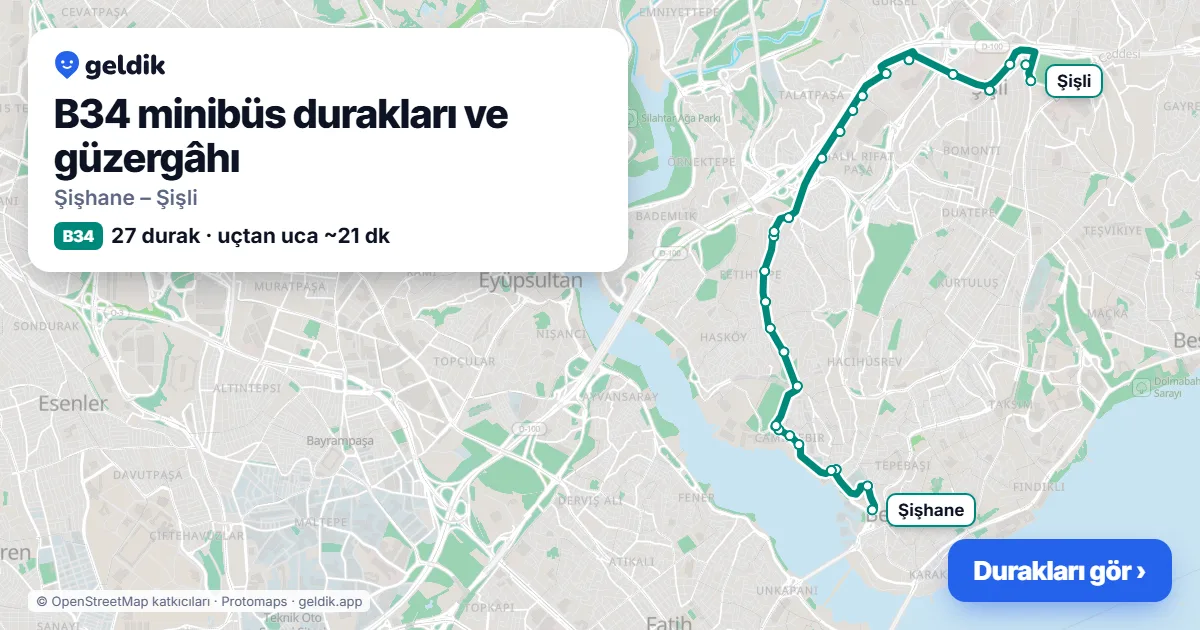 B34 minibüs güzergâhı haritası: 27 durak