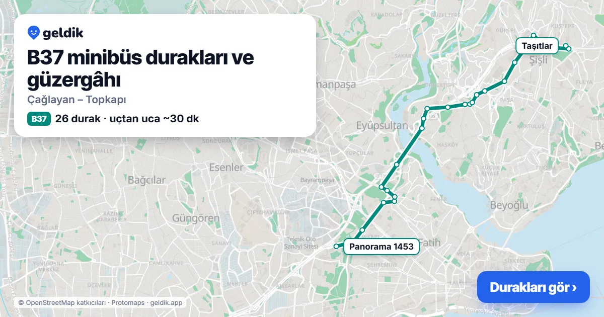 B37 minibüs güzergâhı haritası: 26 durak