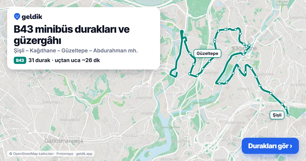 B43 minibüs güzergâhı haritası: 31 durak