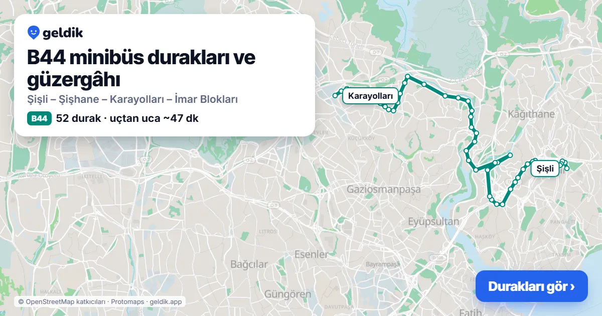 B44 minibüs güzergâhı haritası: 52 durak