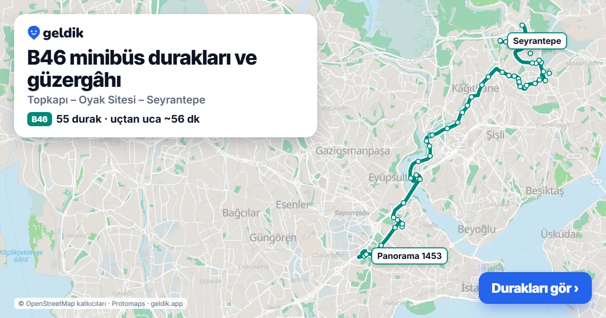 B46 minibüs güzergâhı haritası: 55 durak