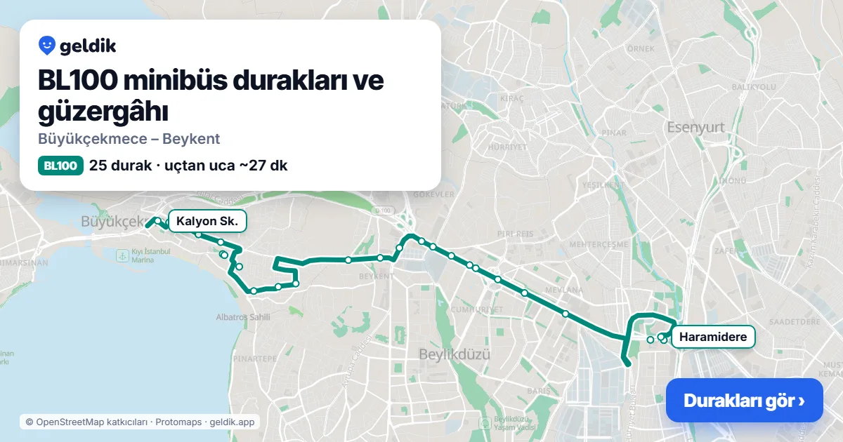 BL100 minibüs güzergâhı haritası: 25 durak