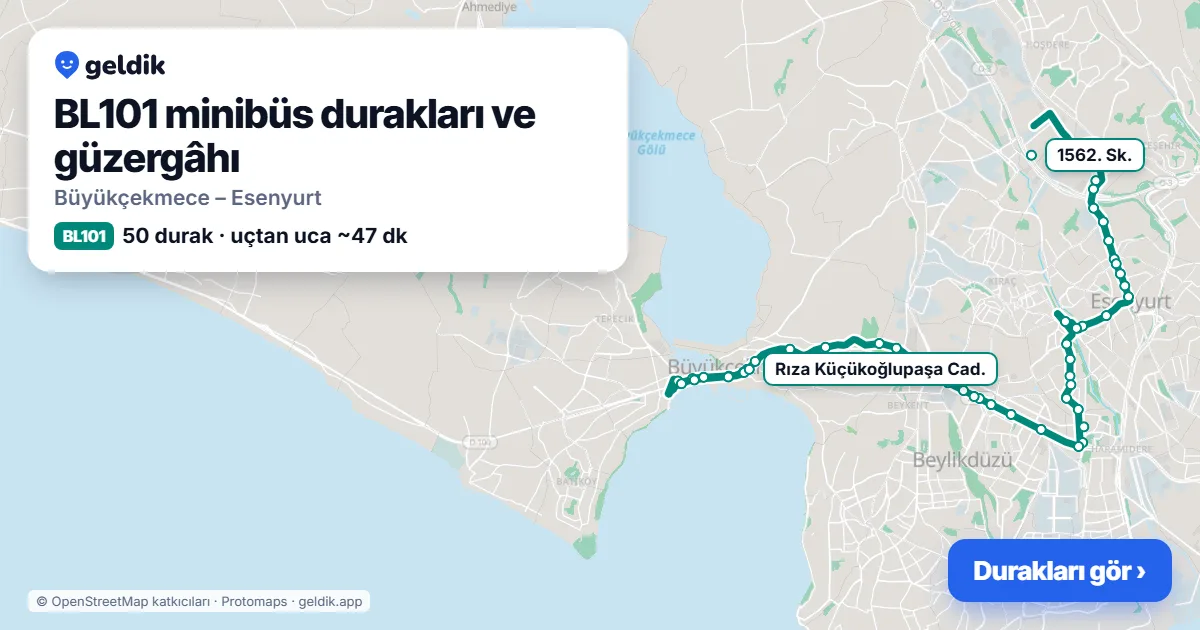 BL101 minibüs güzergâhı haritası: 50 durak