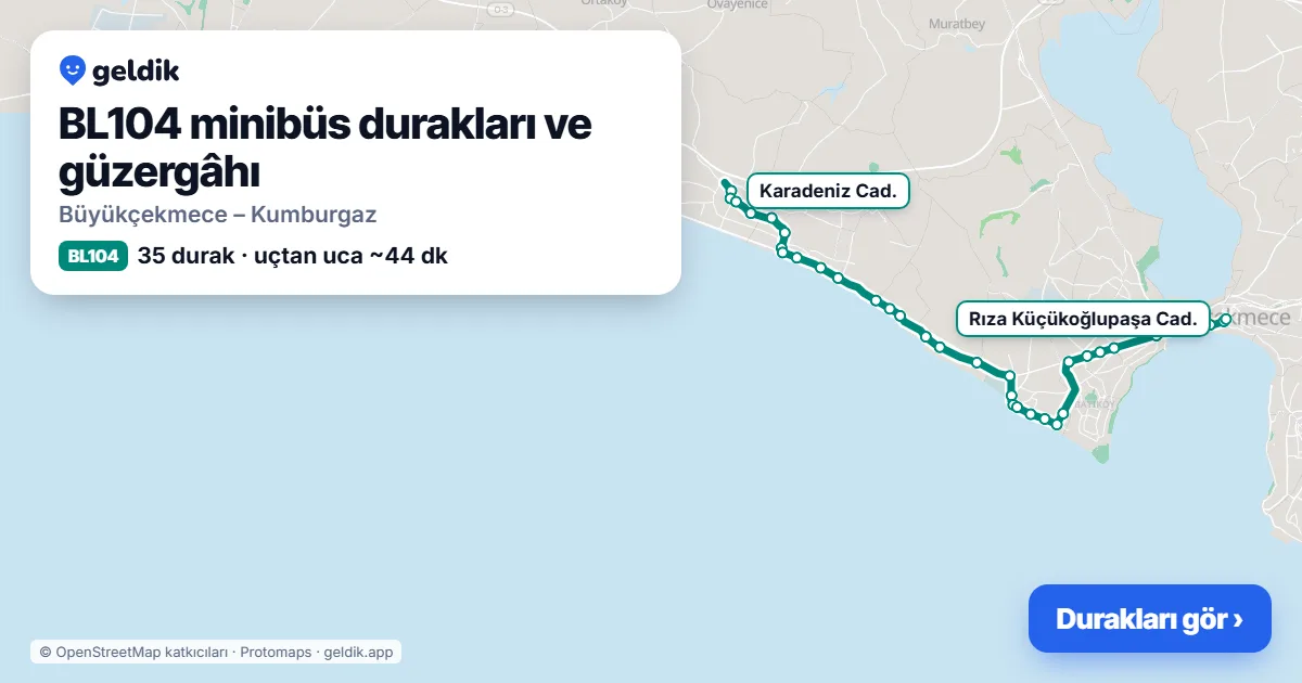 BL104 minibüs güzergâhı haritası: 35 durak