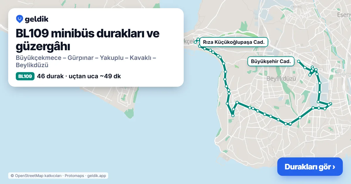 BL109 minibüs güzergâhı haritası: 46 durak