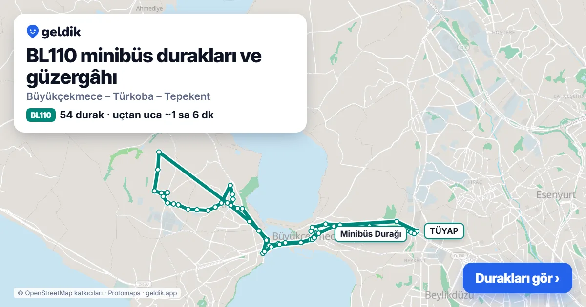 BL110 minibüs güzergâhı haritası: 54 durak