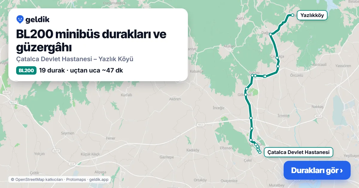 BL200 minibüs güzergâhı haritası: 19 durak