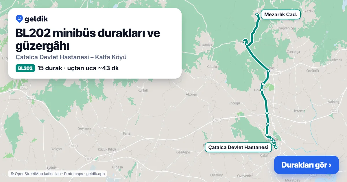 BL202 minibüs güzergâhı haritası: 15 durak