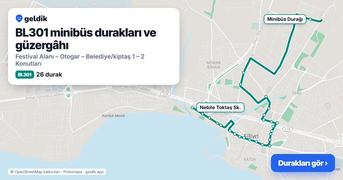 BL301 minibüs güzergâhı haritası: 26 durak