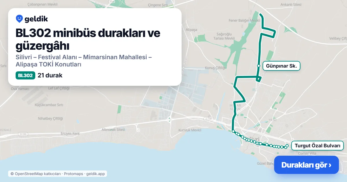 BL302 minibüs güzergâhı haritası: 21 durak