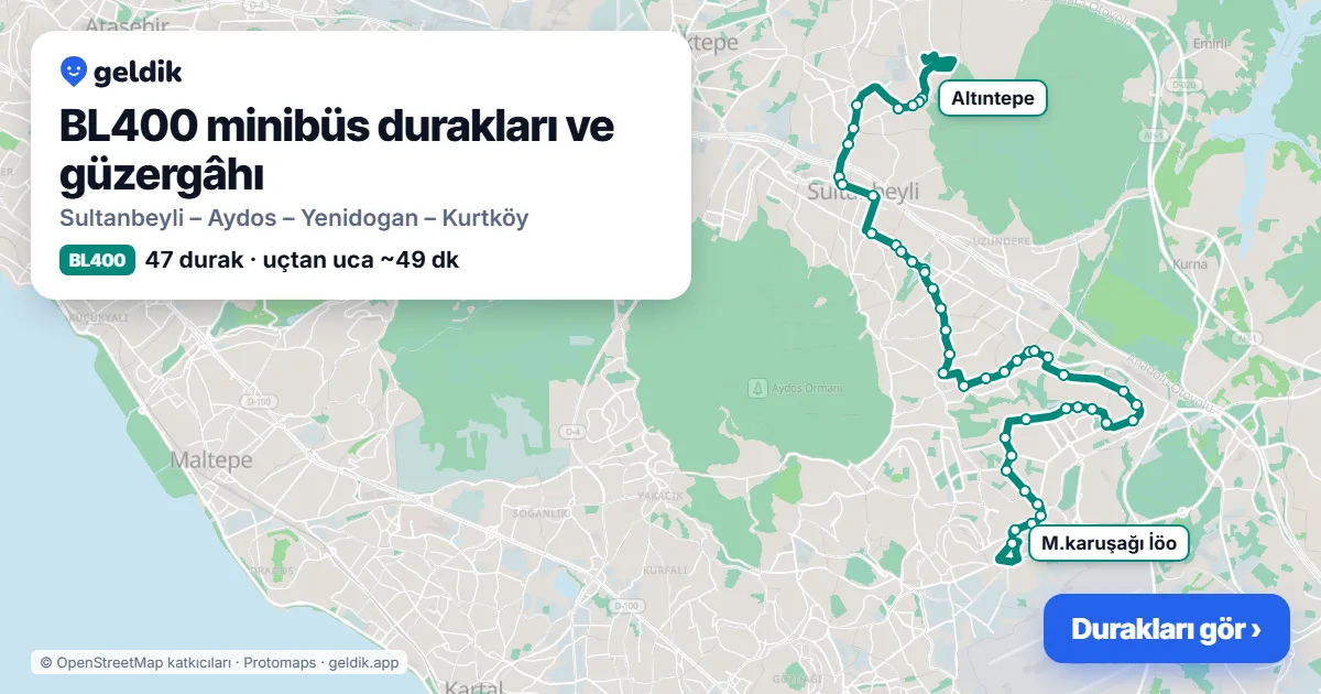 BL400 minibüs güzergâhı haritası: 47 durak