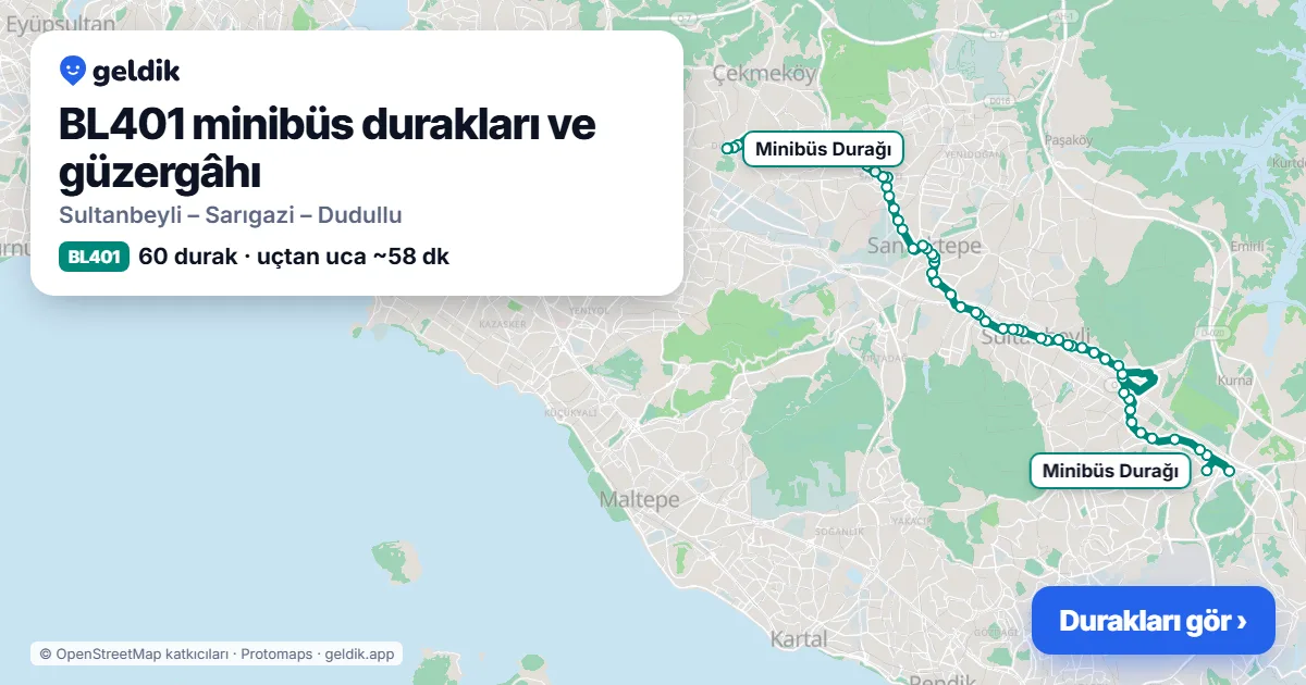 BL401 minibüs güzergâhı haritası: 60 durak