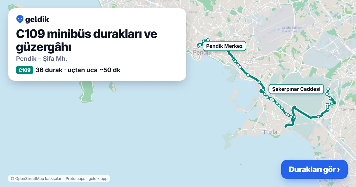 C109 minibüs güzergâhı haritası: 36 durak