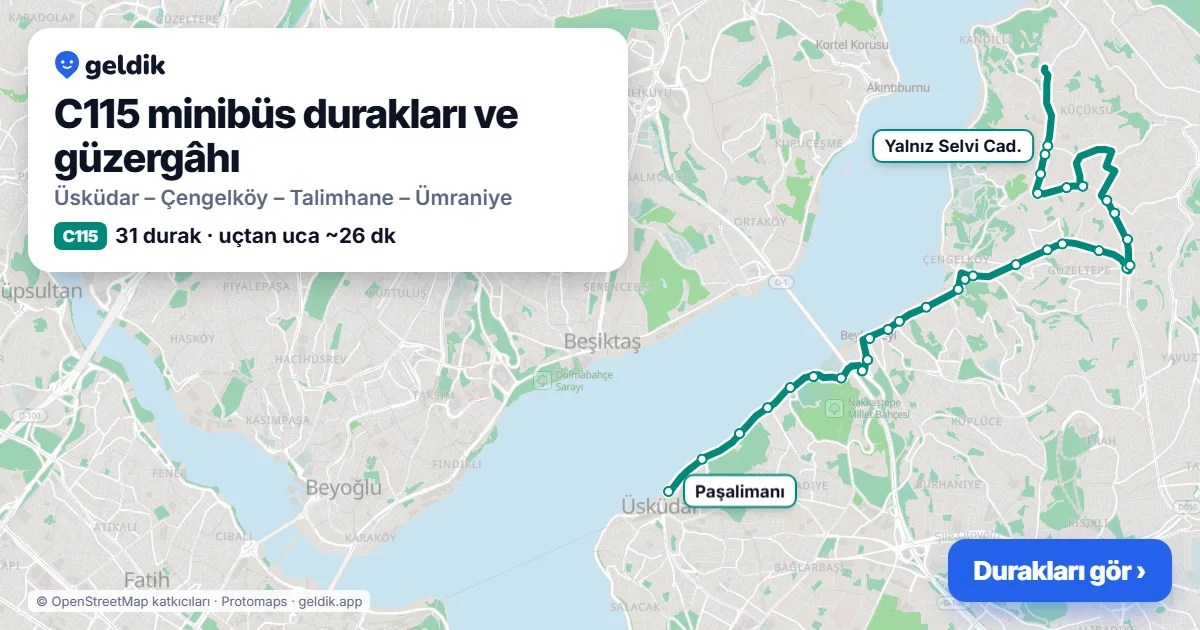 C115 minibüs güzergâhı haritası: 31 durak