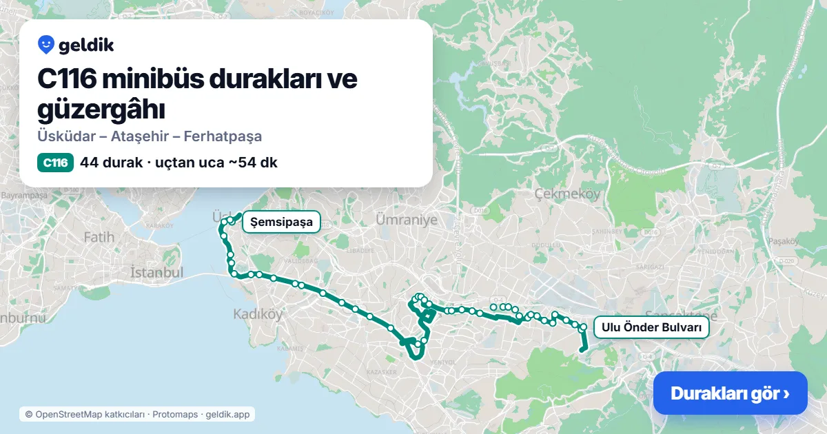 C116 minibüs güzergâhı haritası: 44 durak
