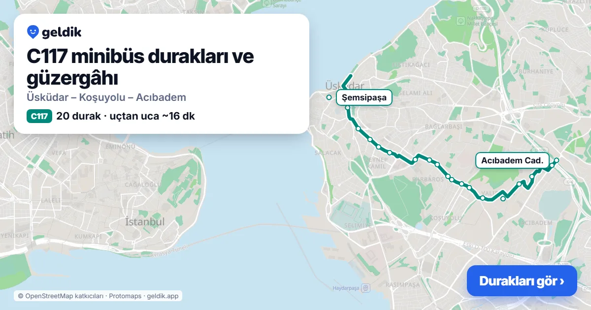 C117 minibüs güzergâhı haritası: 20 durak