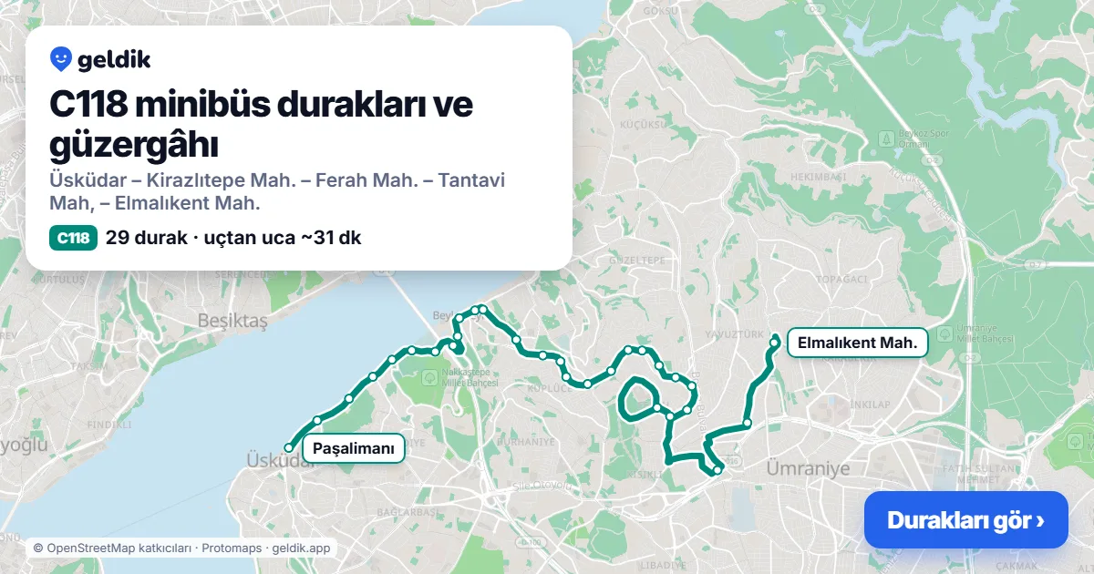 C118 minibüs güzergâhı haritası: 29 durak