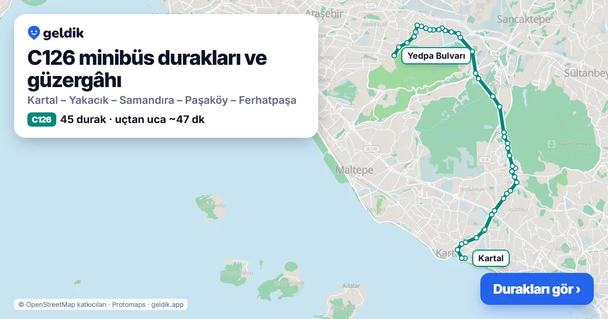 C126 minibüs güzergâhı haritası: 45 durak