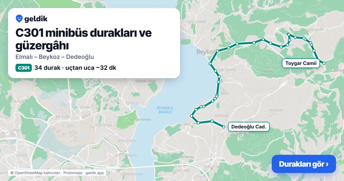 C301 minibüs güzergâhı haritası: 34 durak