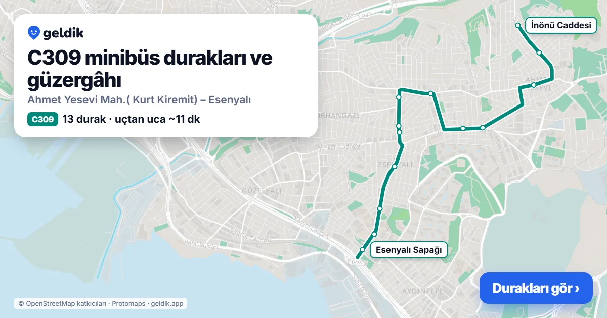 C309 minibüs güzergâhı haritası: 13 durak