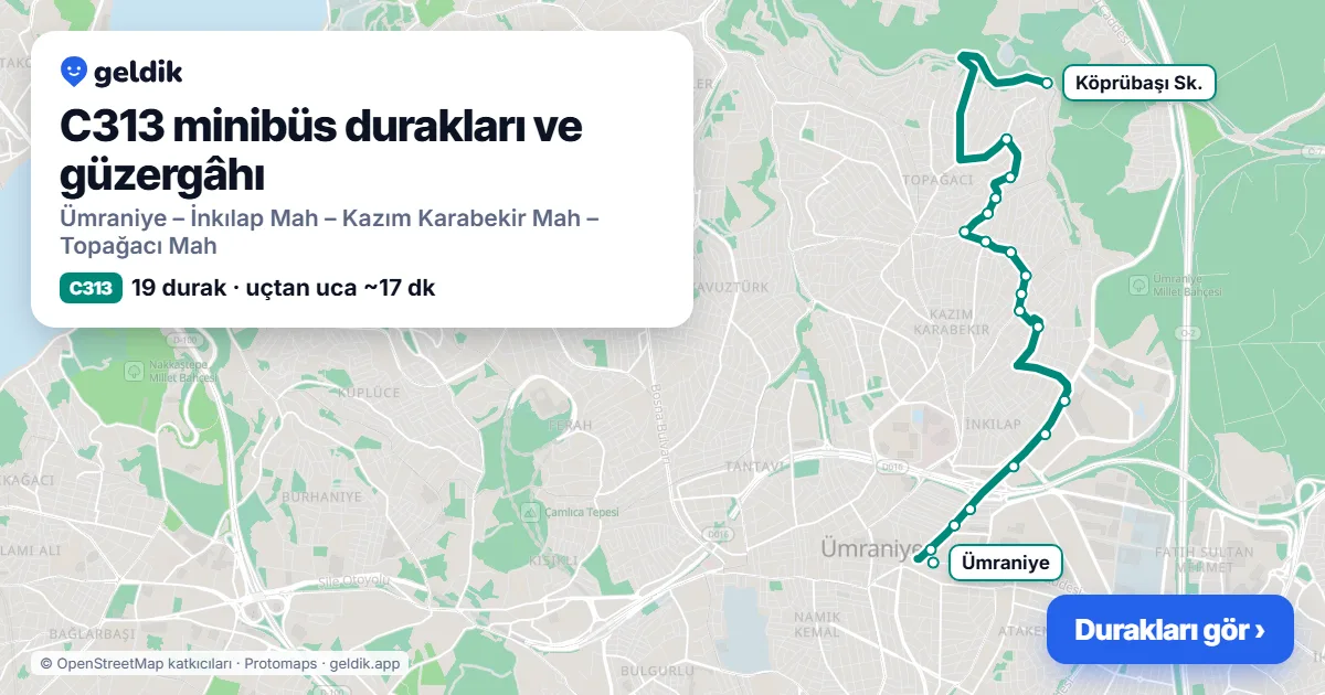 C313 minibüs güzergâhı haritası: 19 durak