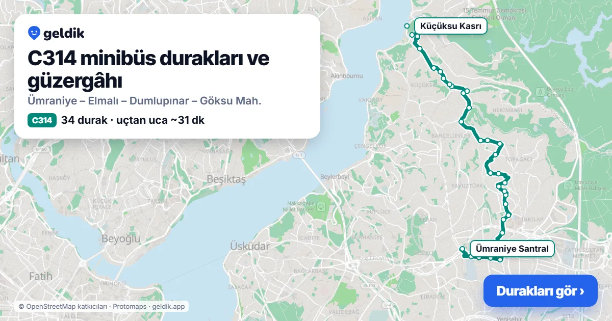 C314 minibüs güzergâhı haritası: 34 durak