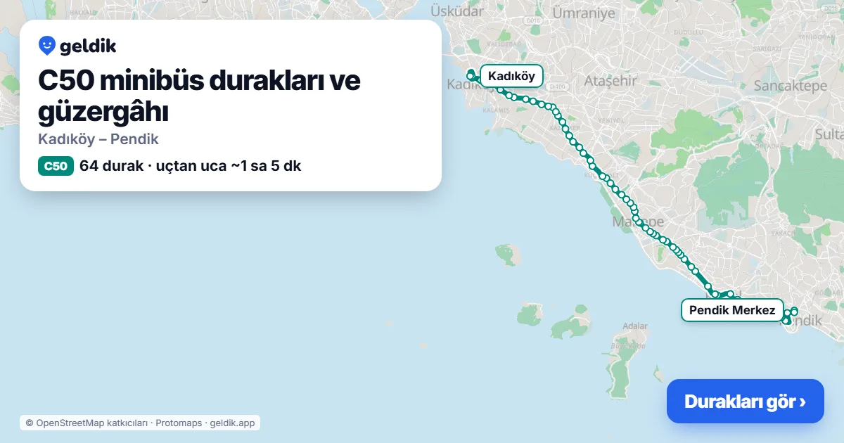 C50 minibüs güzergâhı haritası: 64 durak