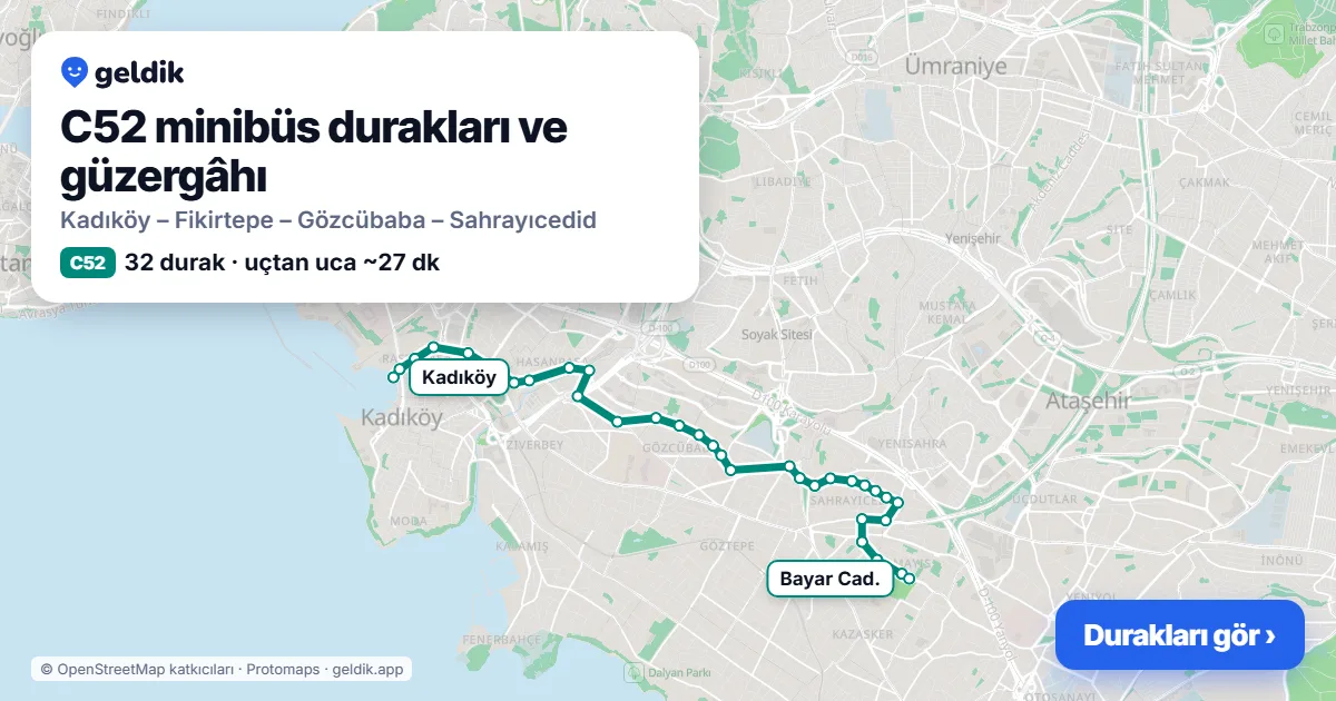 C52 minibüs güzergâhı haritası: 32 durak