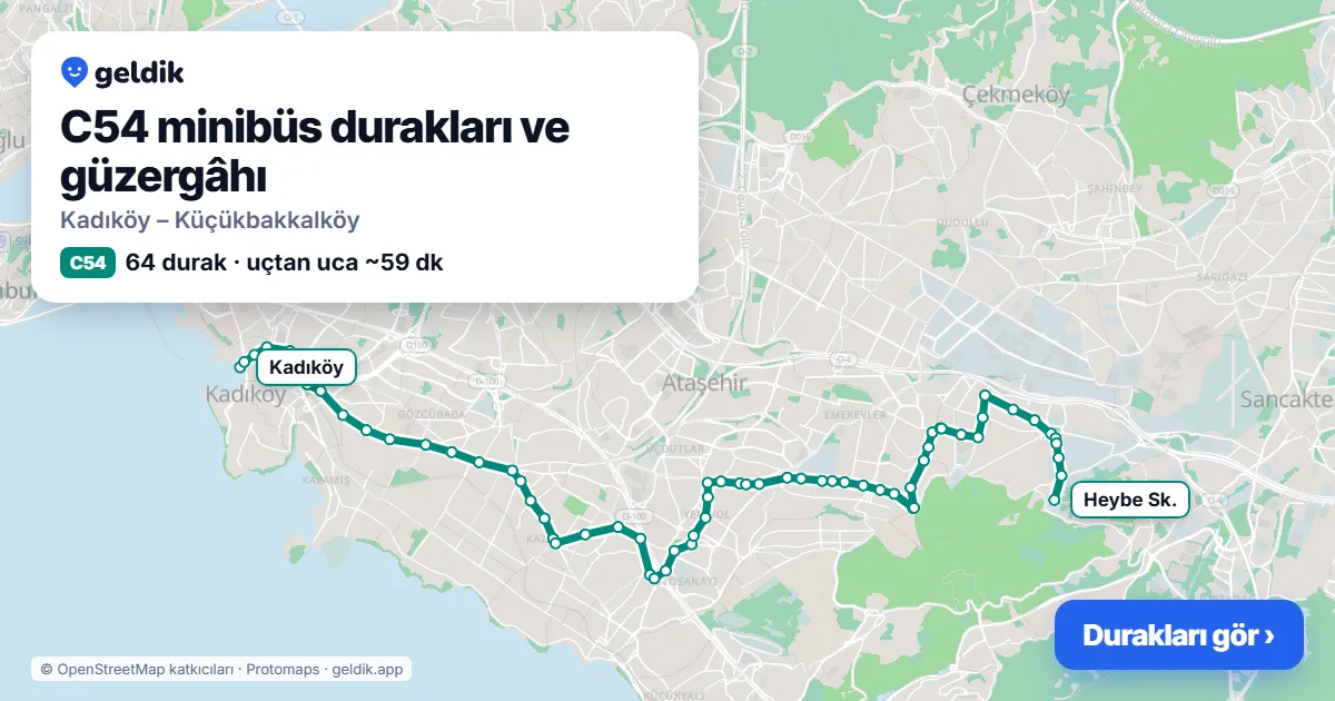 C54 minibüs güzergâhı haritası: 64 durak