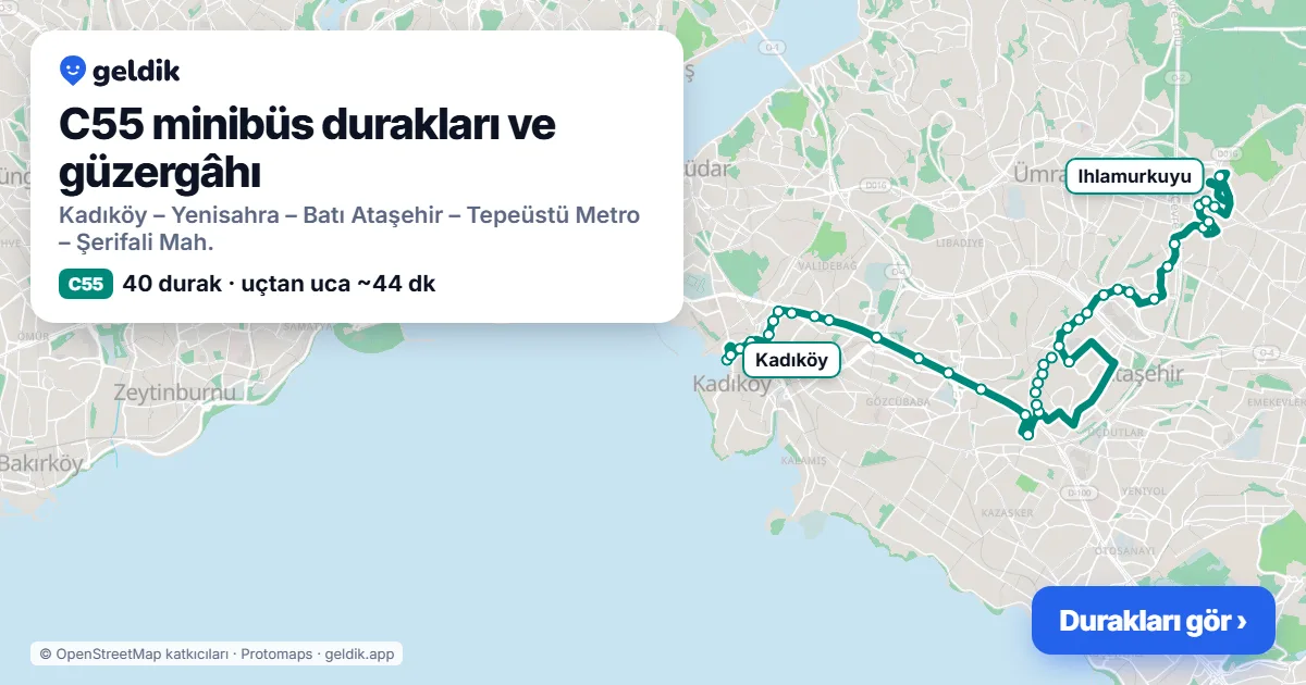C55 minibüs güzergâhı haritası: 40 durak