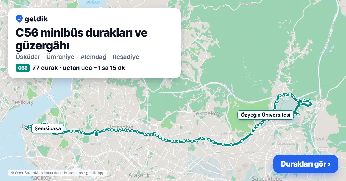 C56 minibüs güzergâhı haritası: 77 durak