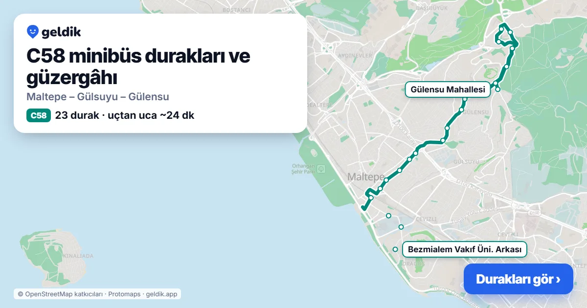 C58 minibüs güzergâhı haritası: 23 durak