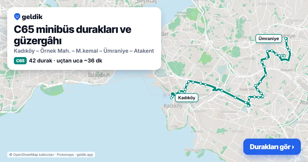 C65 minibüs güzergâhı haritası: 42 durak