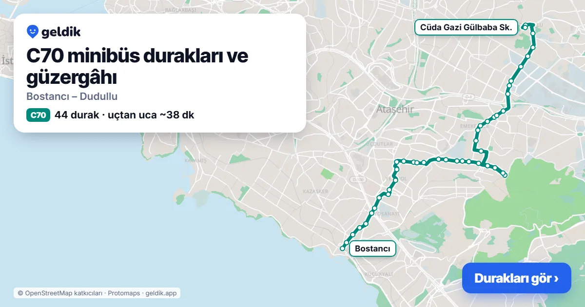 C70 minibüs güzergâhı haritası: 44 durak