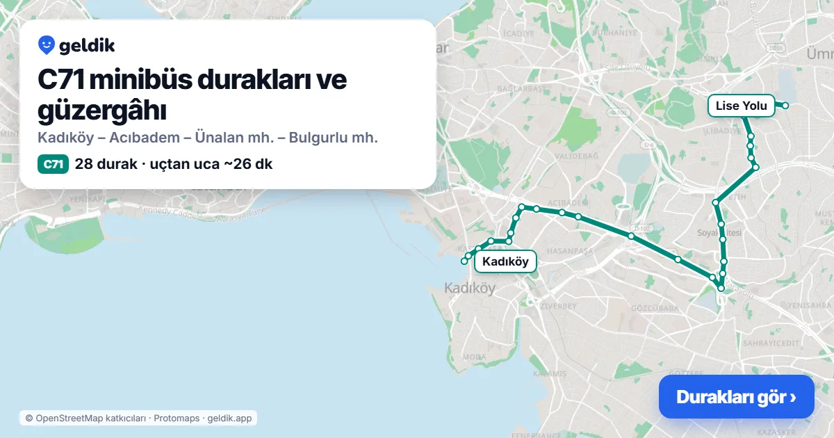 C71 minibüs güzergâhı haritası: 28 durak