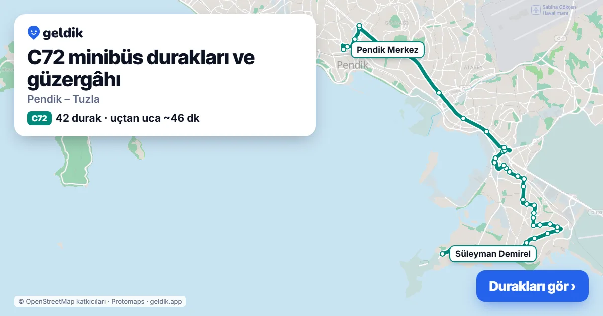 C72 minibüs güzergâhı haritası: 42 durak
