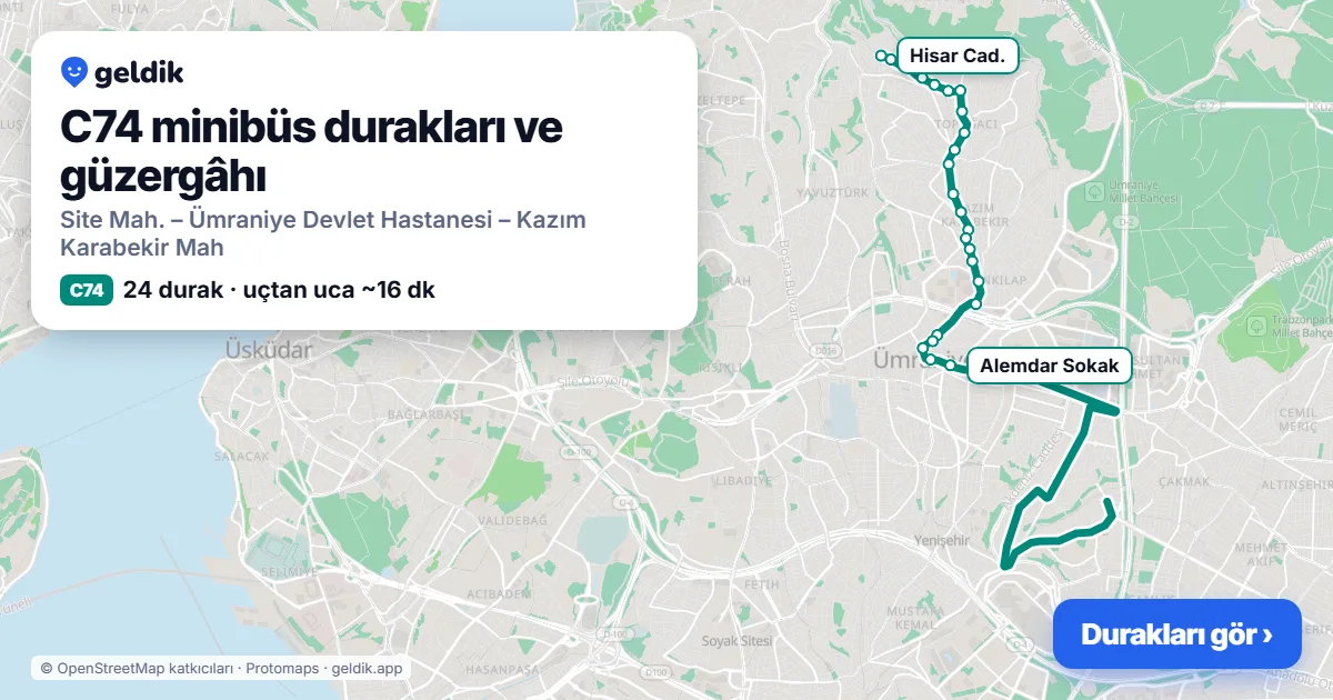 C74 minibüs güzergâhı haritası: 24 durak