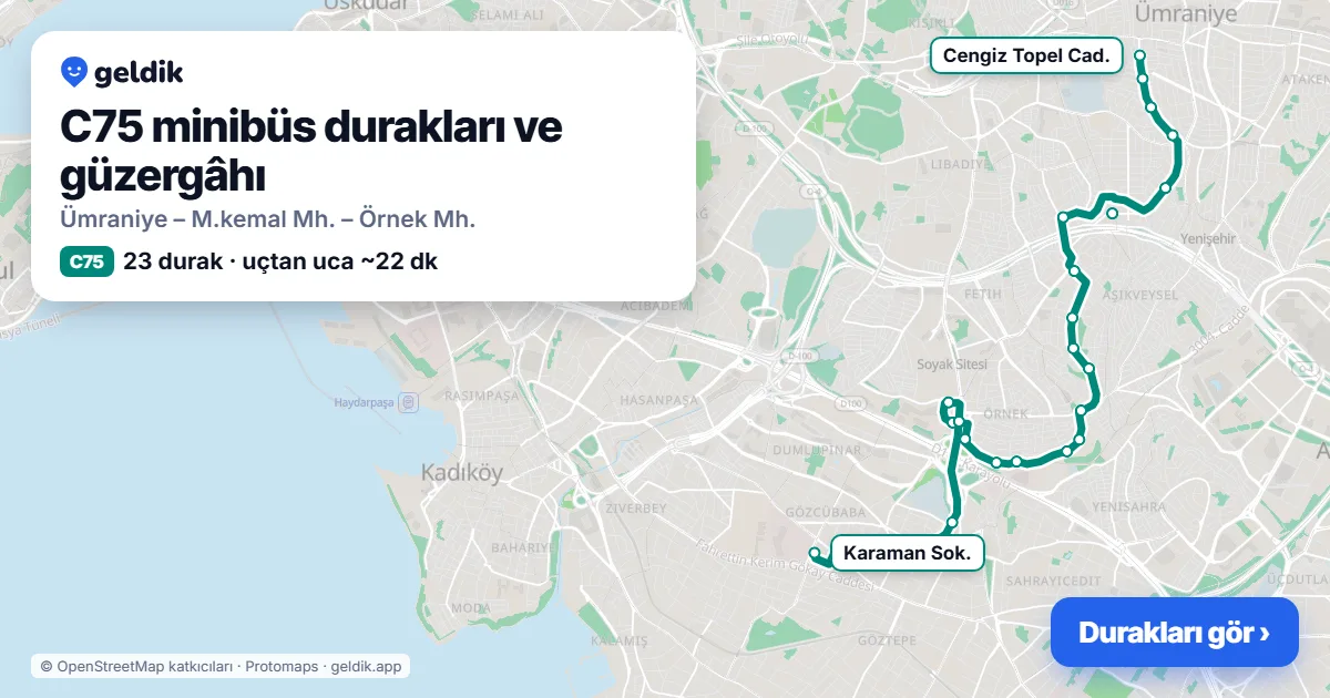 C75 minibüs güzergâhı haritası: 23 durak