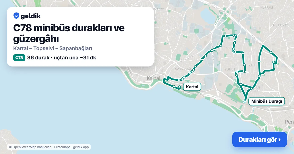 C78 minibüs güzergâhı haritası: 36 durak