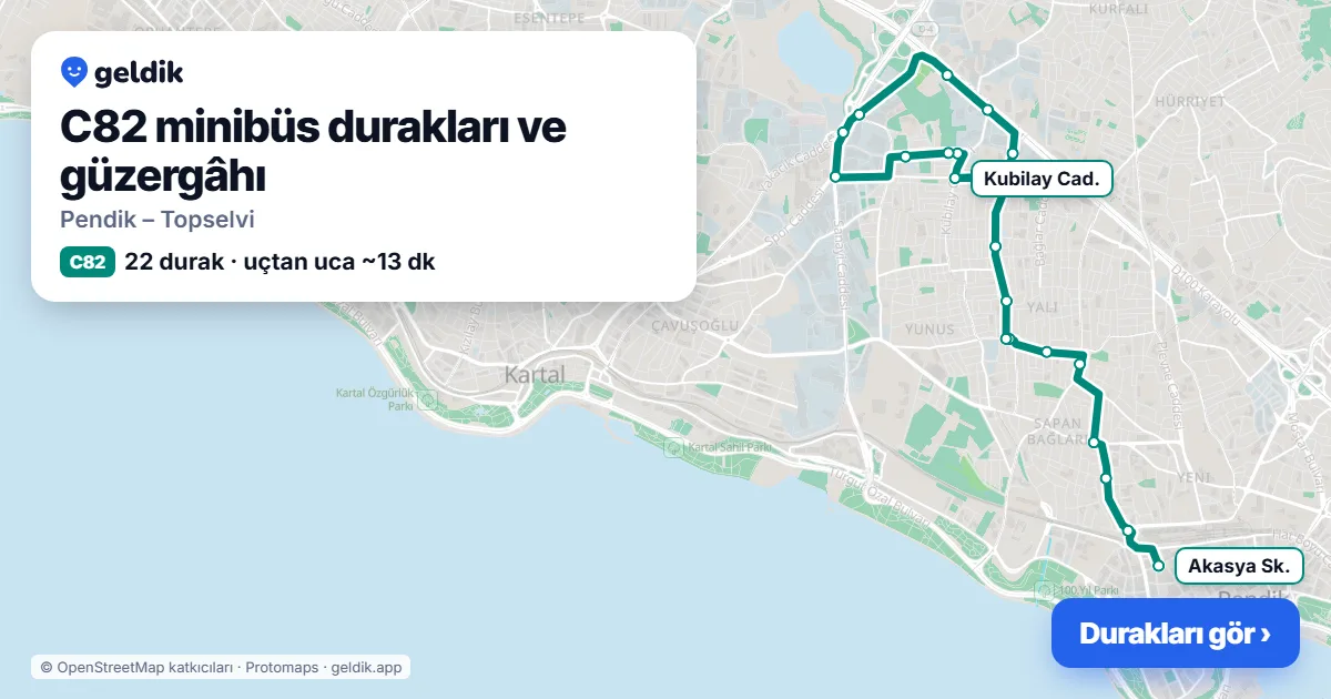 C82 minibüs güzergâhı haritası: 22 durak